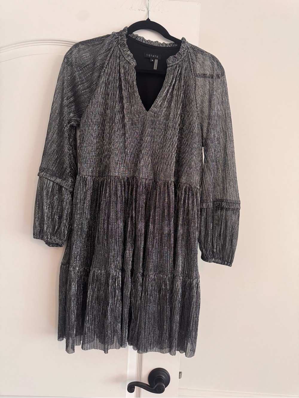 1. State Silver Metallic Pleated Long-Sleeve Tiered Dress
